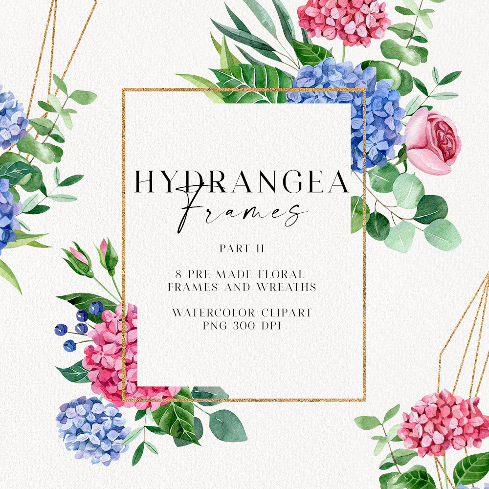 Hydrangea Watercolor Frames. Golden frames. Geometric frames | Inspire ...