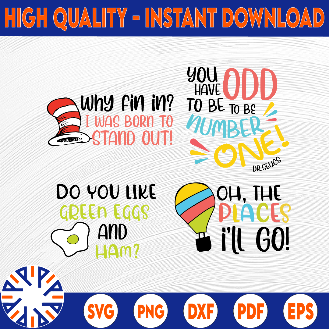 Dr Seuss SVG Bundle Cricut Files PNG DXF, Cat In The Hat svg | Inspire ...