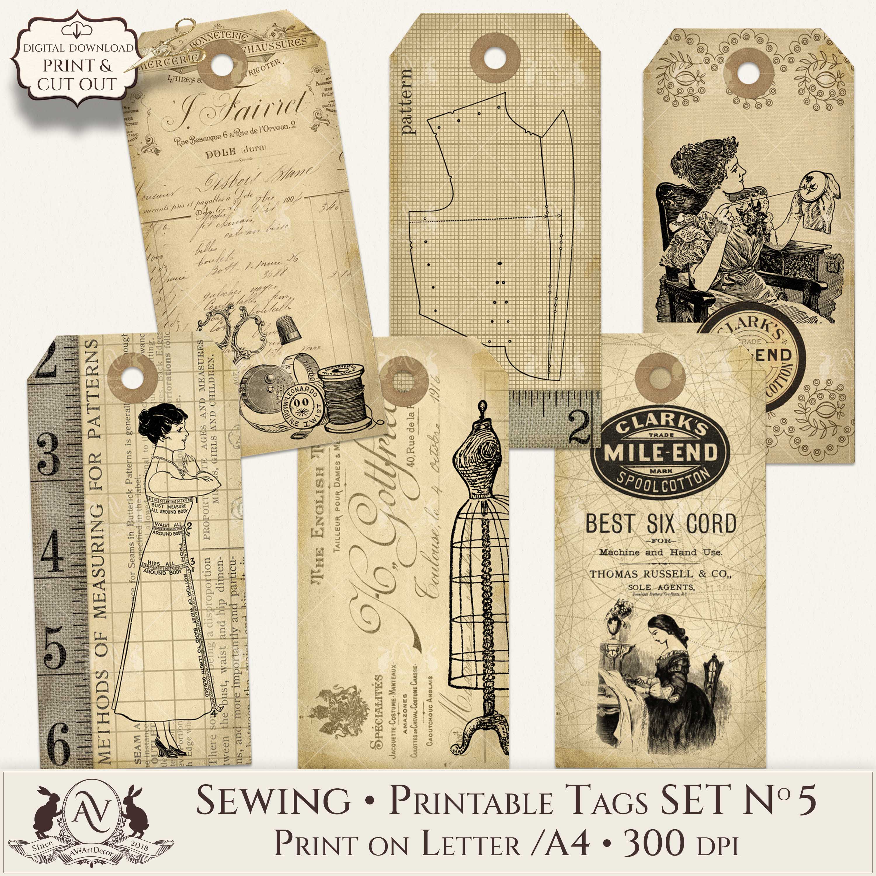 Sewing Tags Printable Digital Download AVAD5ST - Inspire Uplift