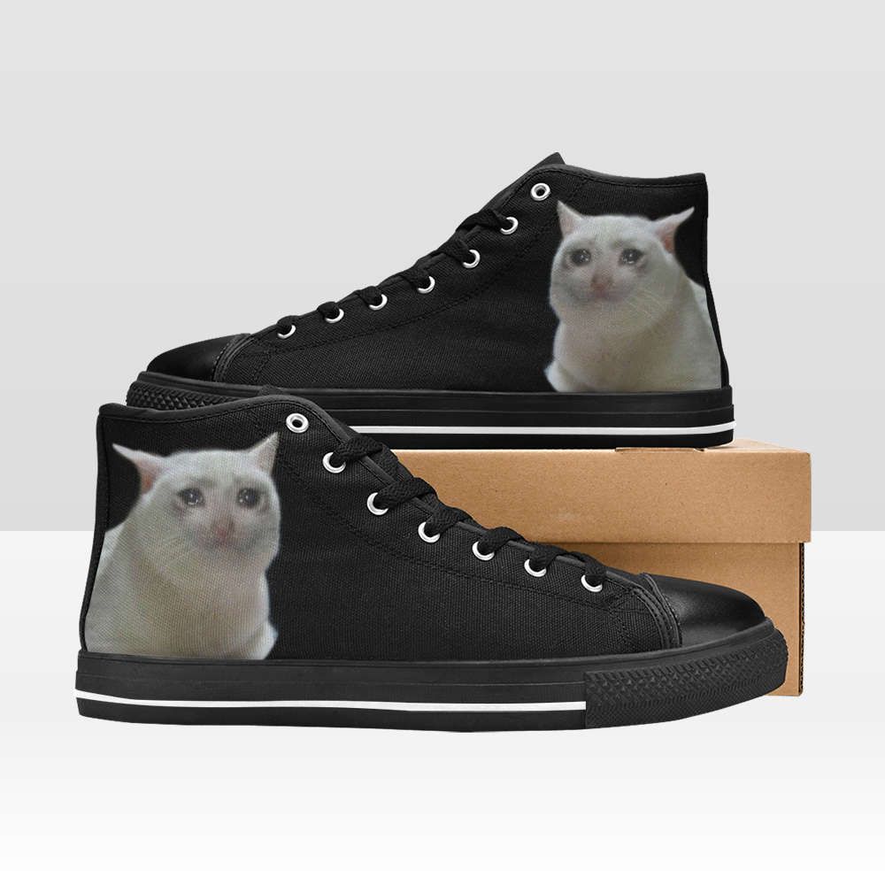 Crying Cat Meme Shoes, HighTop Sneakers, Handmade Footwear Inspire