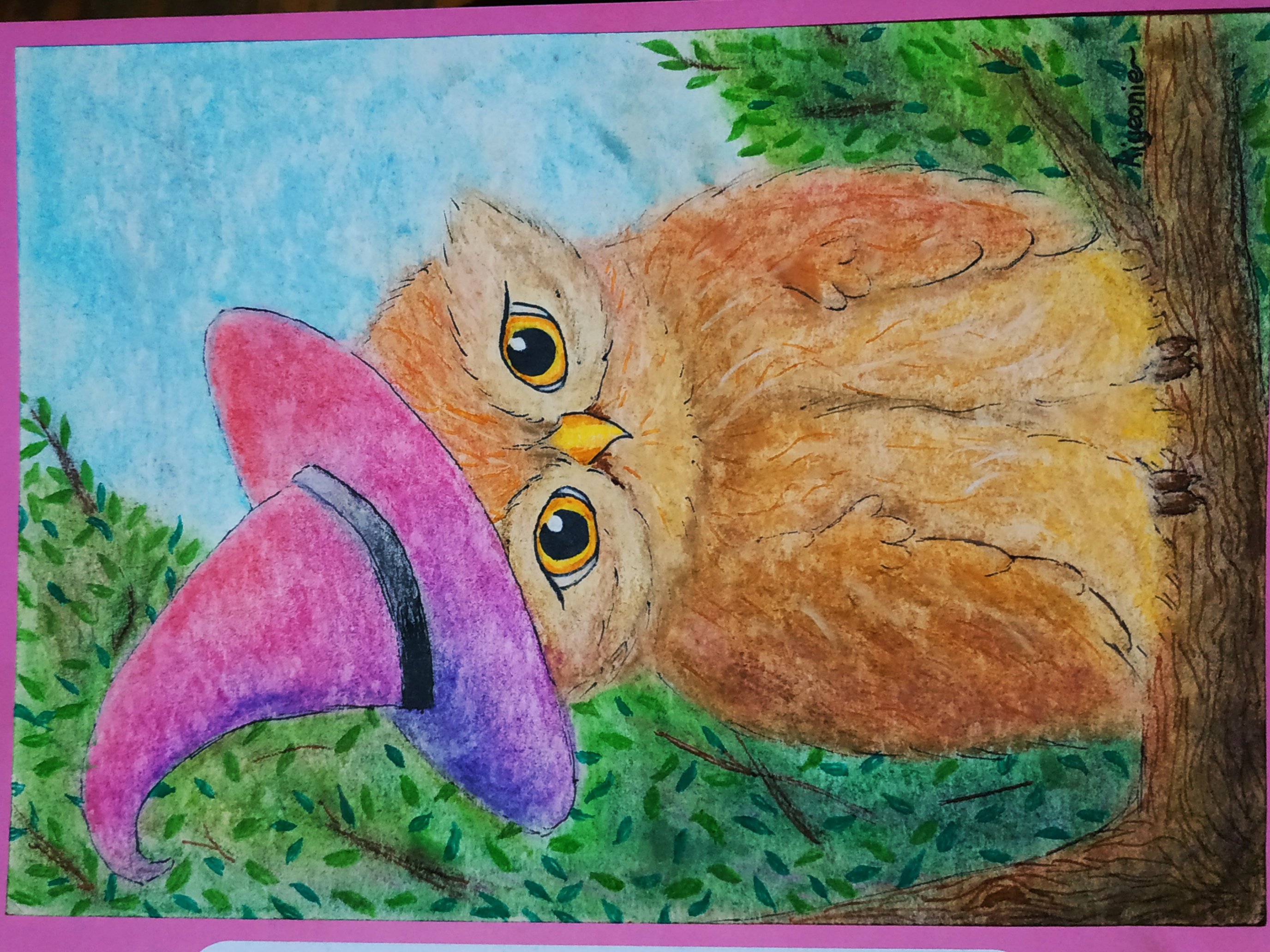 Paper, pastel drawing, Wise owl night Inspire Uplift