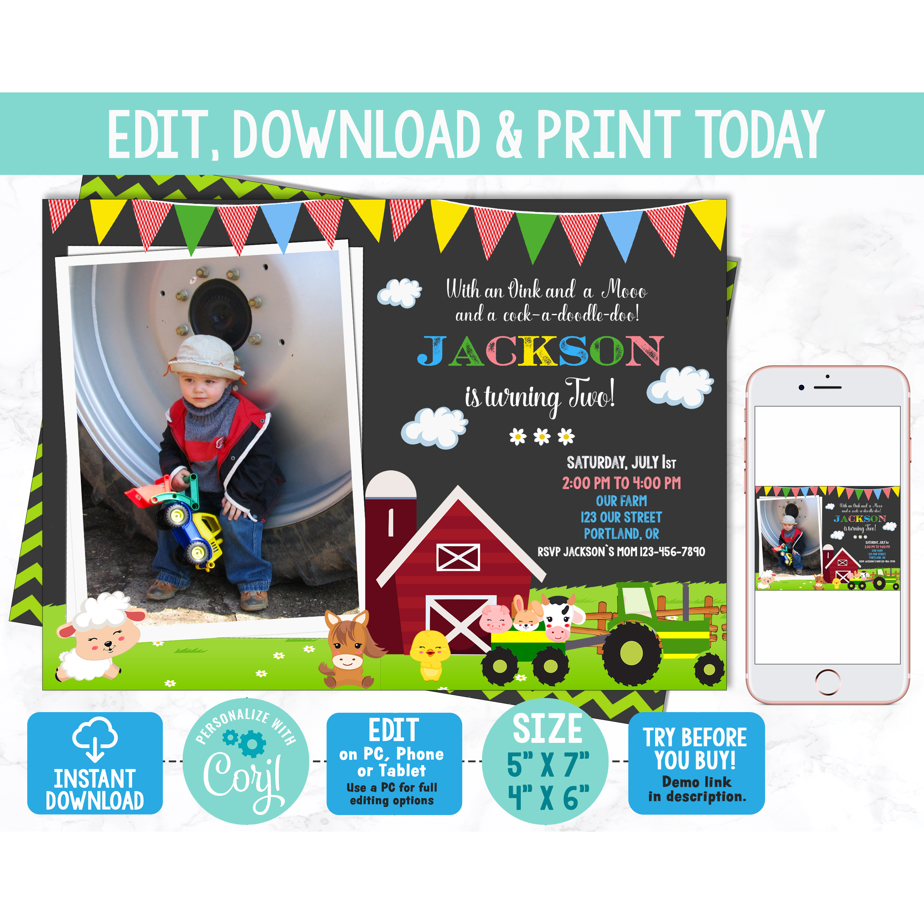 Editable photo farm birthday invitation template Boy farmer | Inspire ...