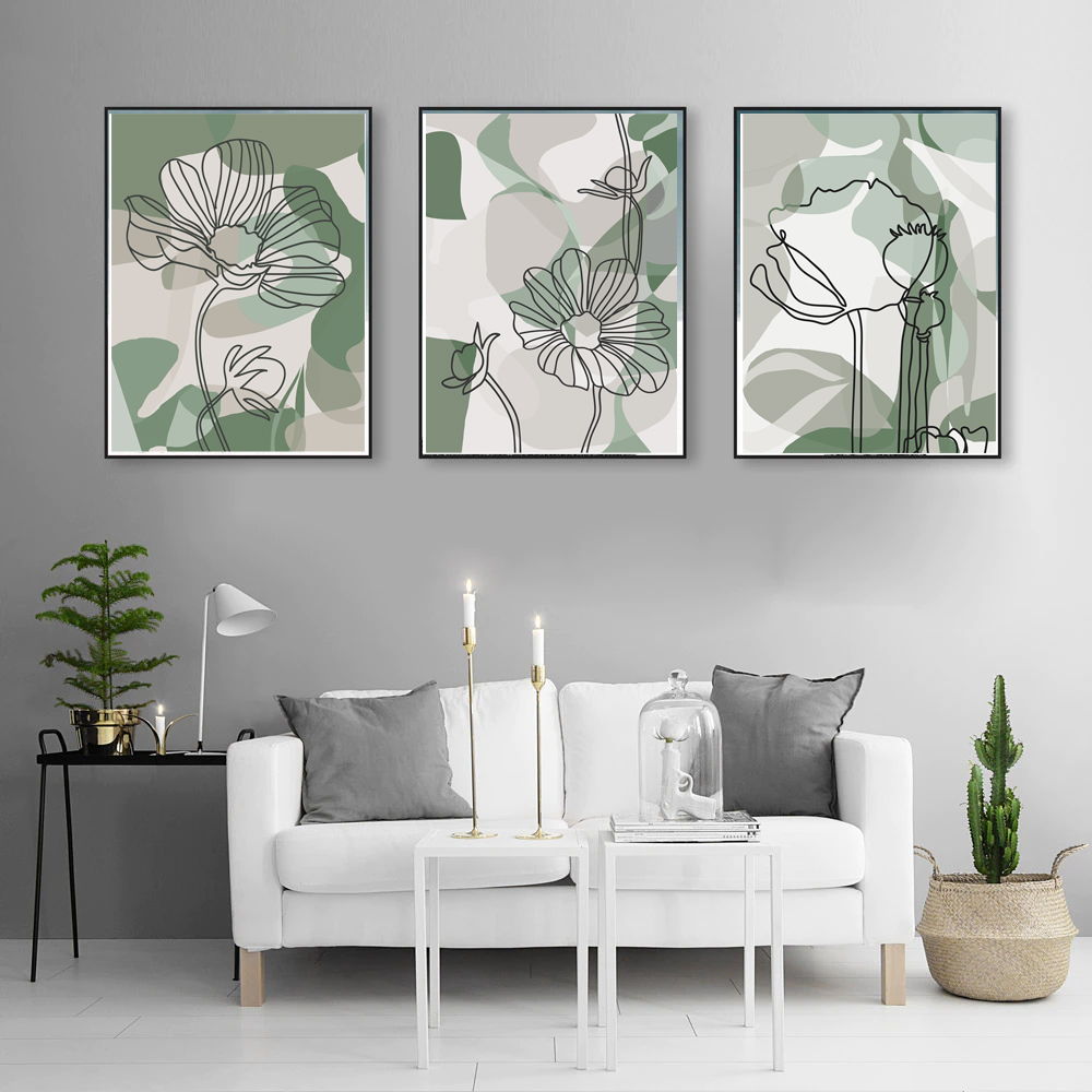 Floral Prints Sage Green Wall Art Flower Line Art Set of 3 P | Inspire ...