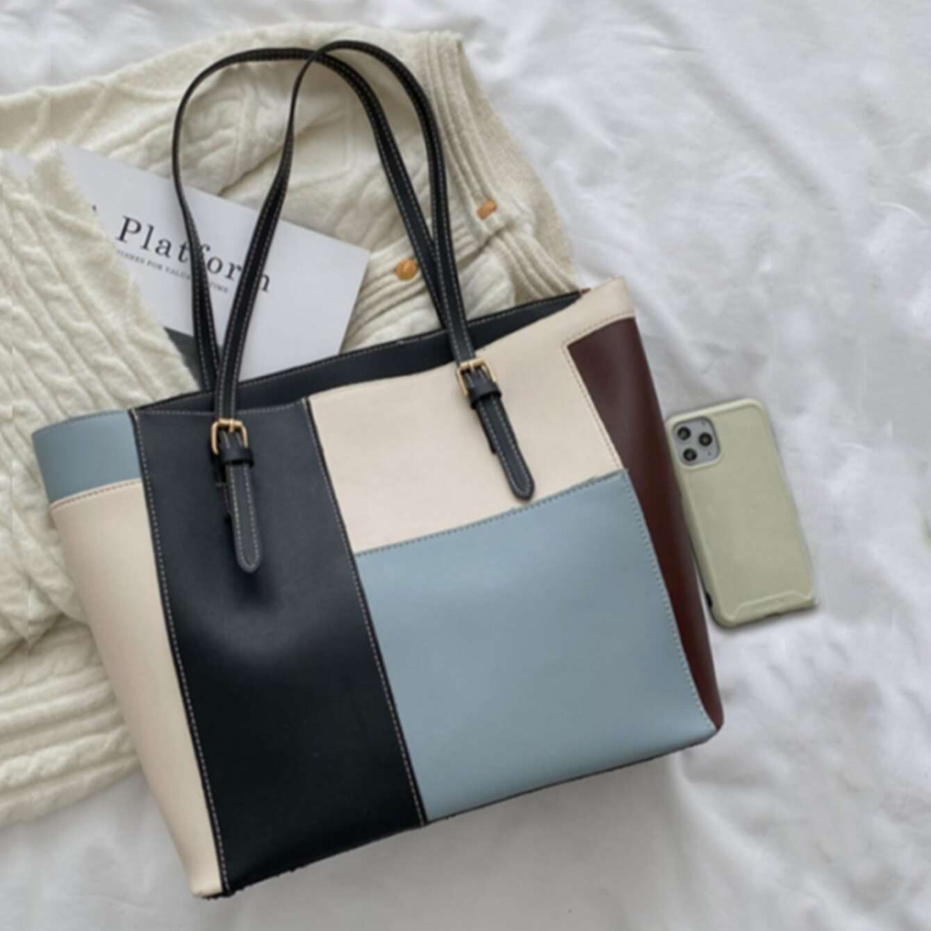 Solid Color Buckle Tote Bag