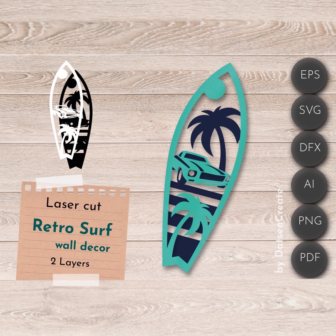 3D Layered SVG, Surf wall art, retro summer Laser Cut File | Inspire Uplift