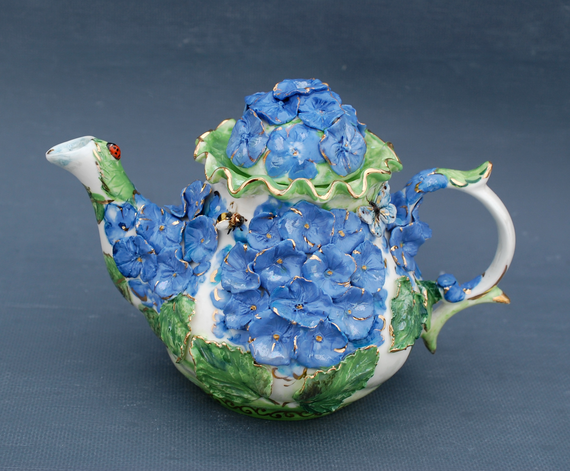 Flower teapot Blue hydrangea Embossed decor Botanical cerami Inspire