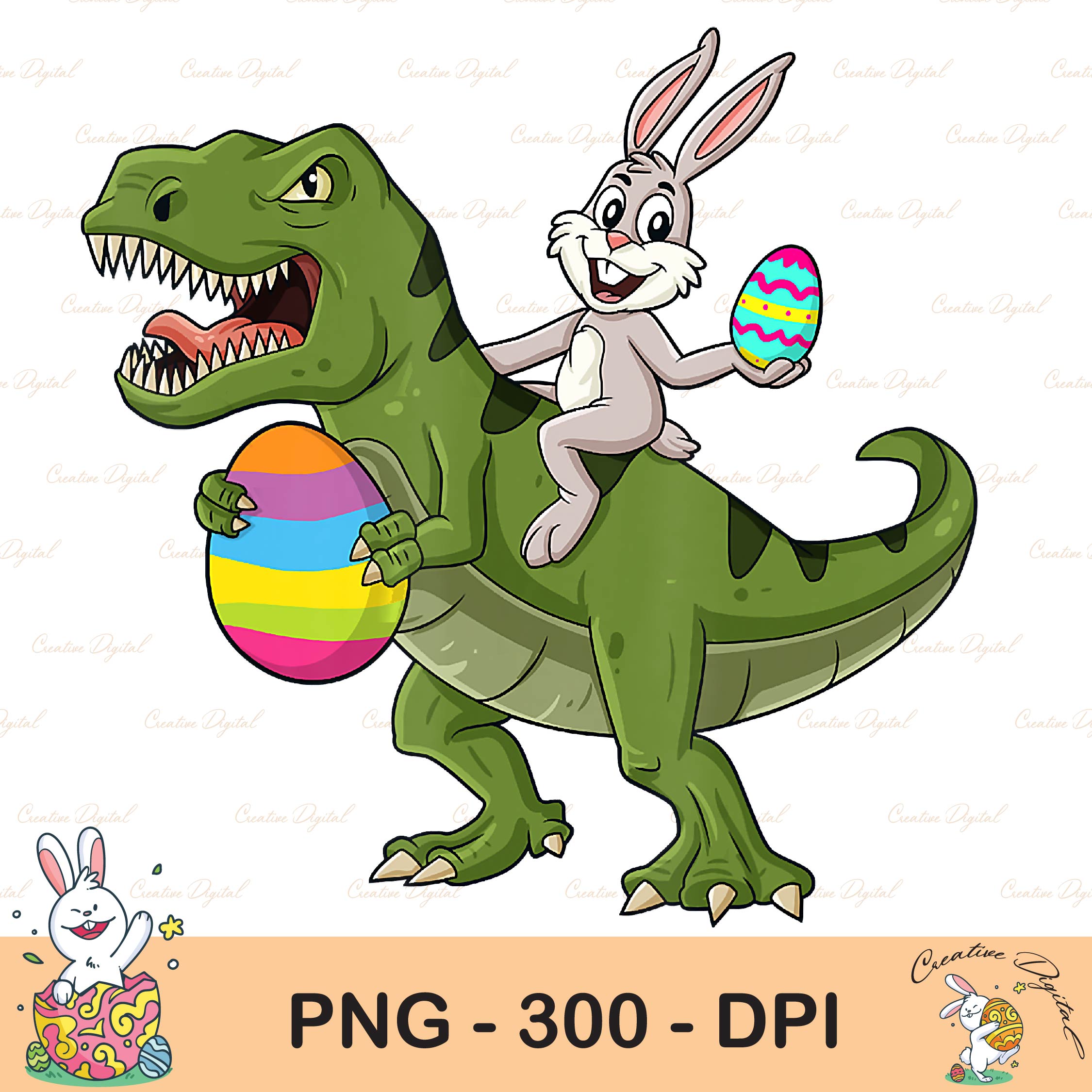 Rabbit Riding T Rex Easter Egg Sublimation, Happy Easter Png