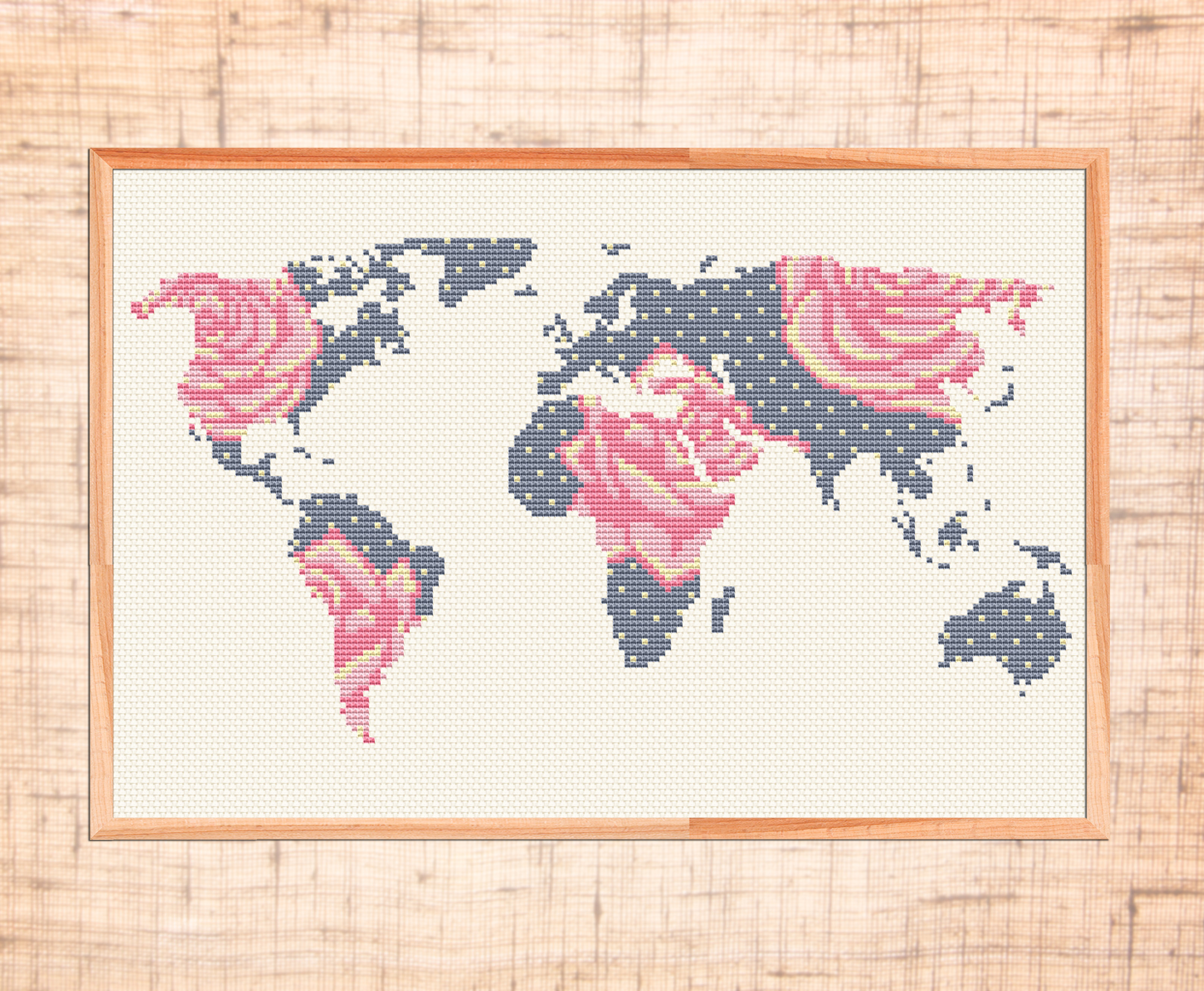 World map cross stitch pattern Modern cross stitch Floral em Inspire