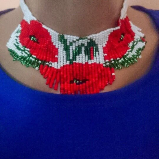 Beads necklace with poppies with fringe Red Seed bead choker