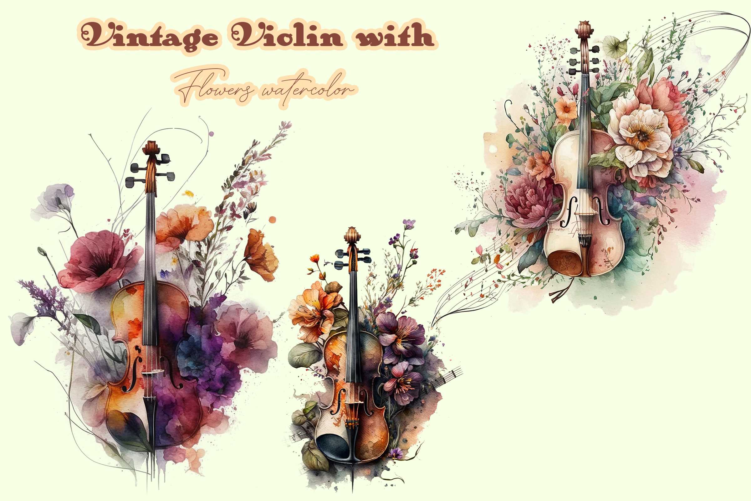 Vintage Violin With Flowers Watercolor | Inspire Uplift