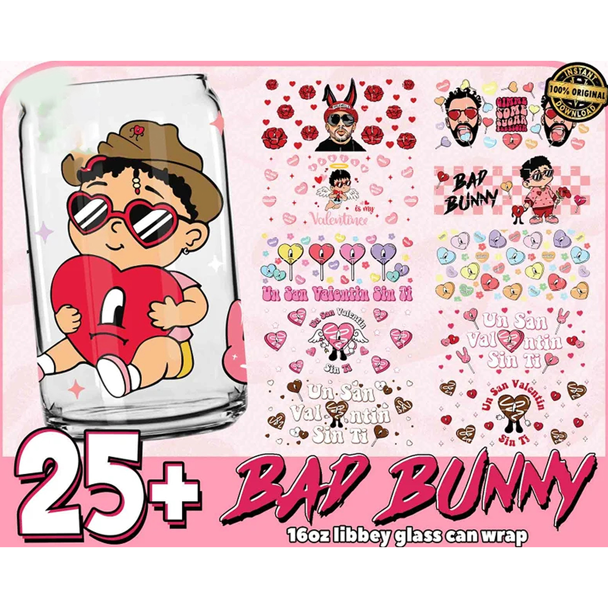 25 Valentine Bad Bunny Glass Can Wrap Png Bundle, Happy Vale - Inspire ...