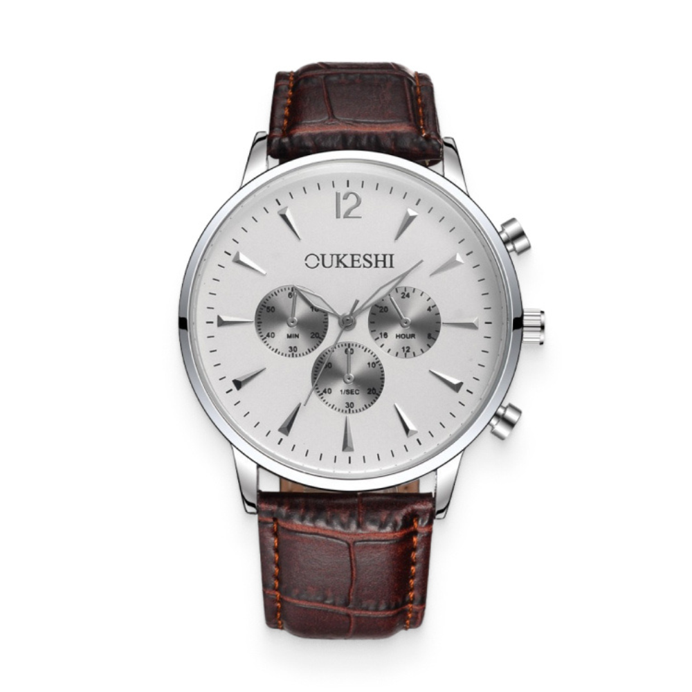 Mens Brown Leather Watch with Silver Face Sub Dials Quartz G Inspire