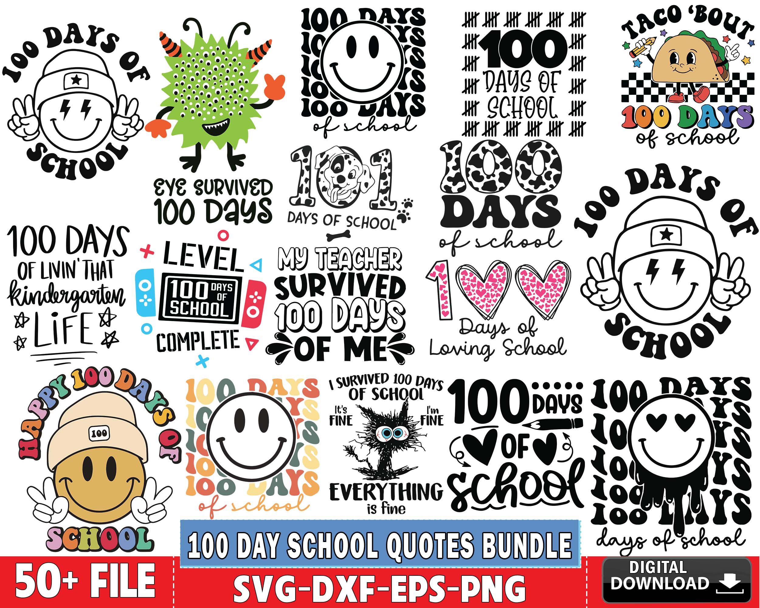 100 day school quotes bundle svg, 50 file 100 day school quotes bundle svg,  Digital Download
