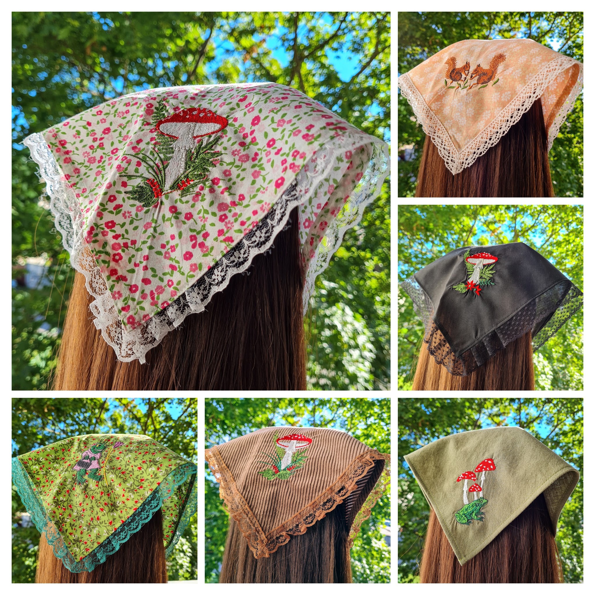 Triangle hair scarf/ Mushroom bandana embroidered with ties/ Inspire