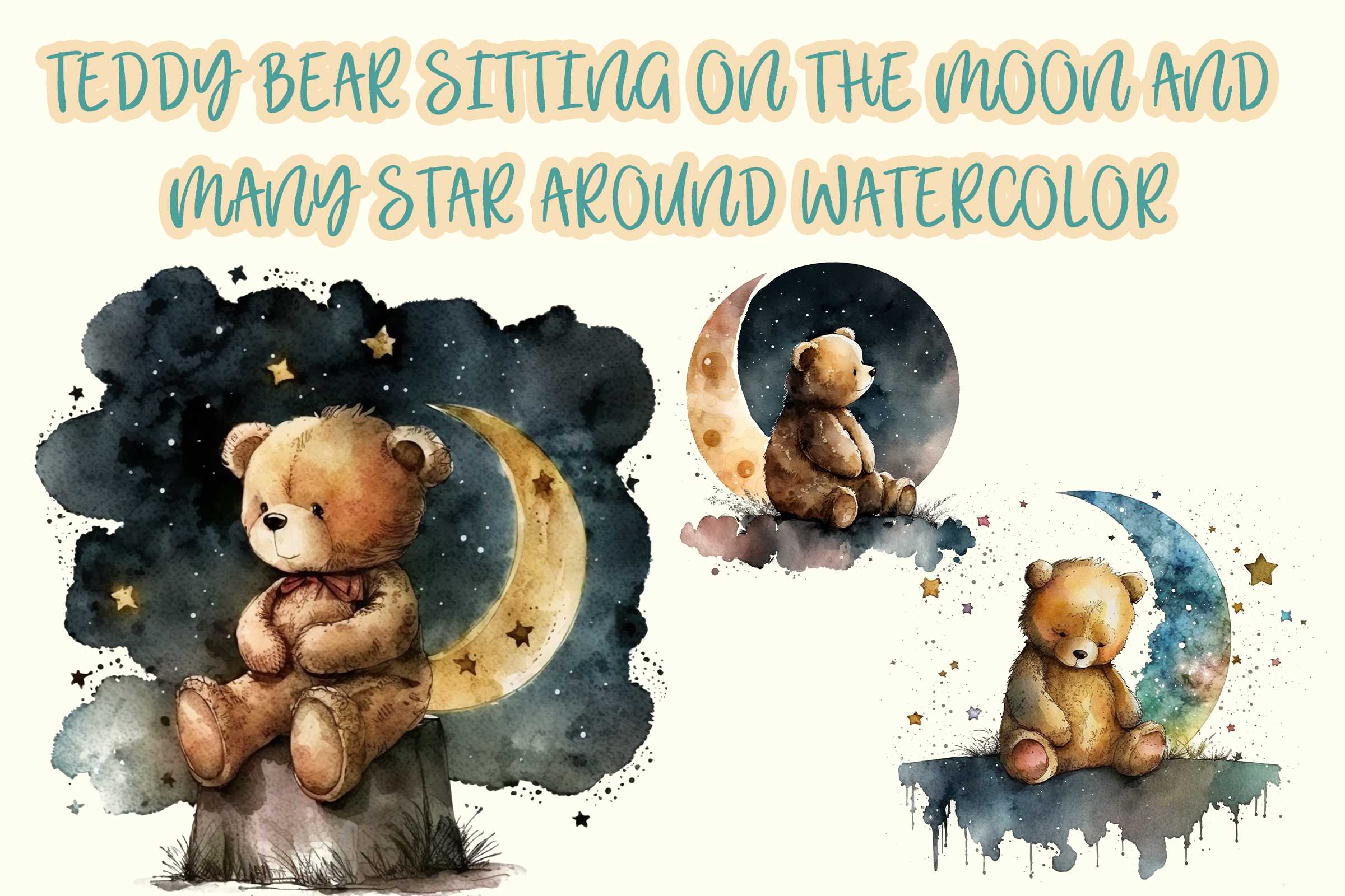 Teddy Bear Sitting On The Moon And Many Star Around Watercol - Inspire ...