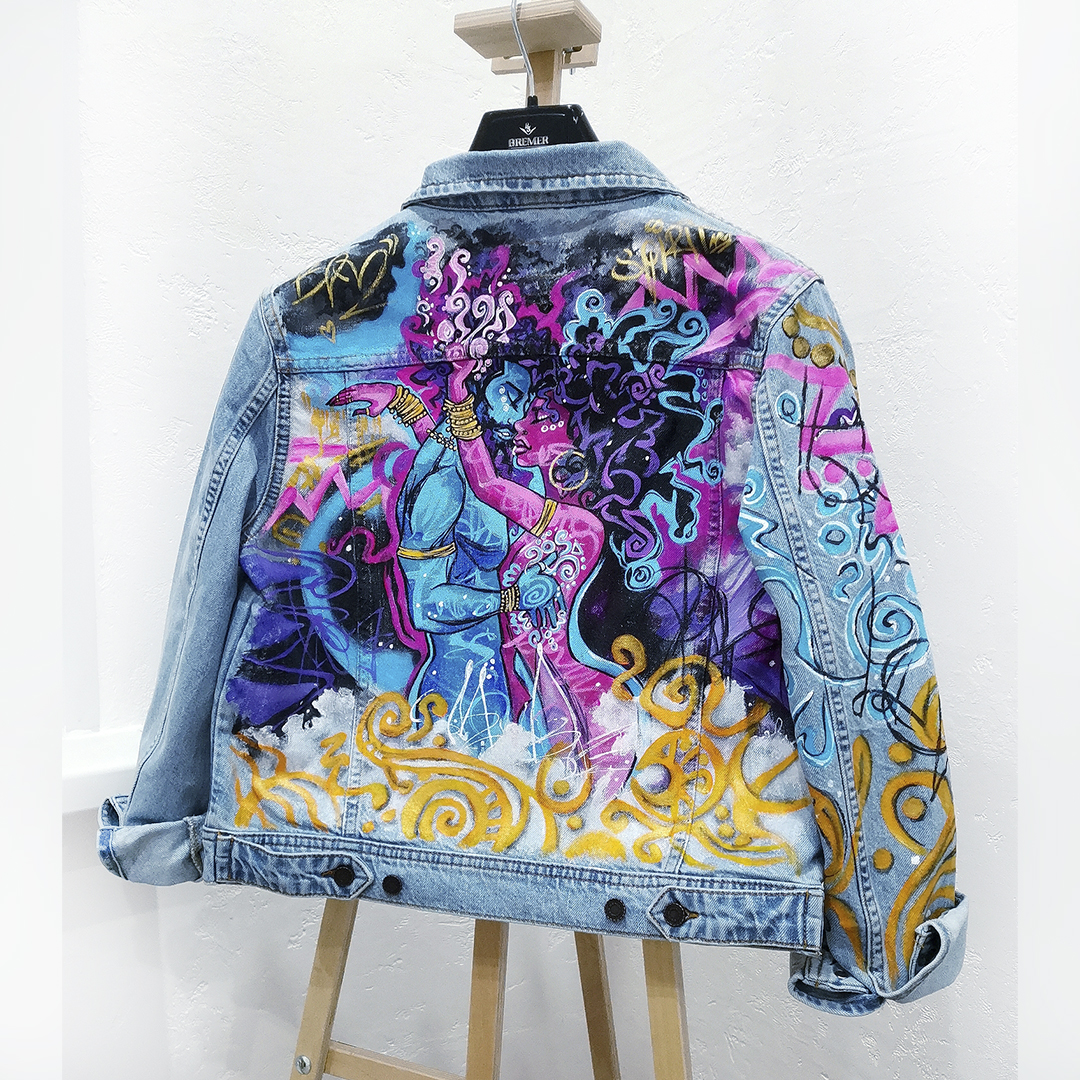 Woman Denim jacket, hand painted jeans jacket, unique Design Inspire Uplift