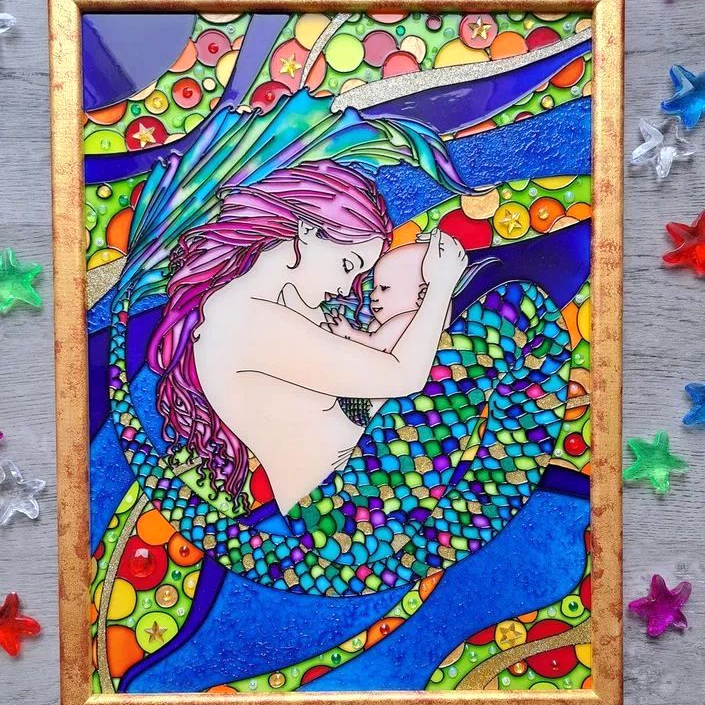 original-painting-mermaid-mother-and-child-stained-glass-art-inspire-uplift