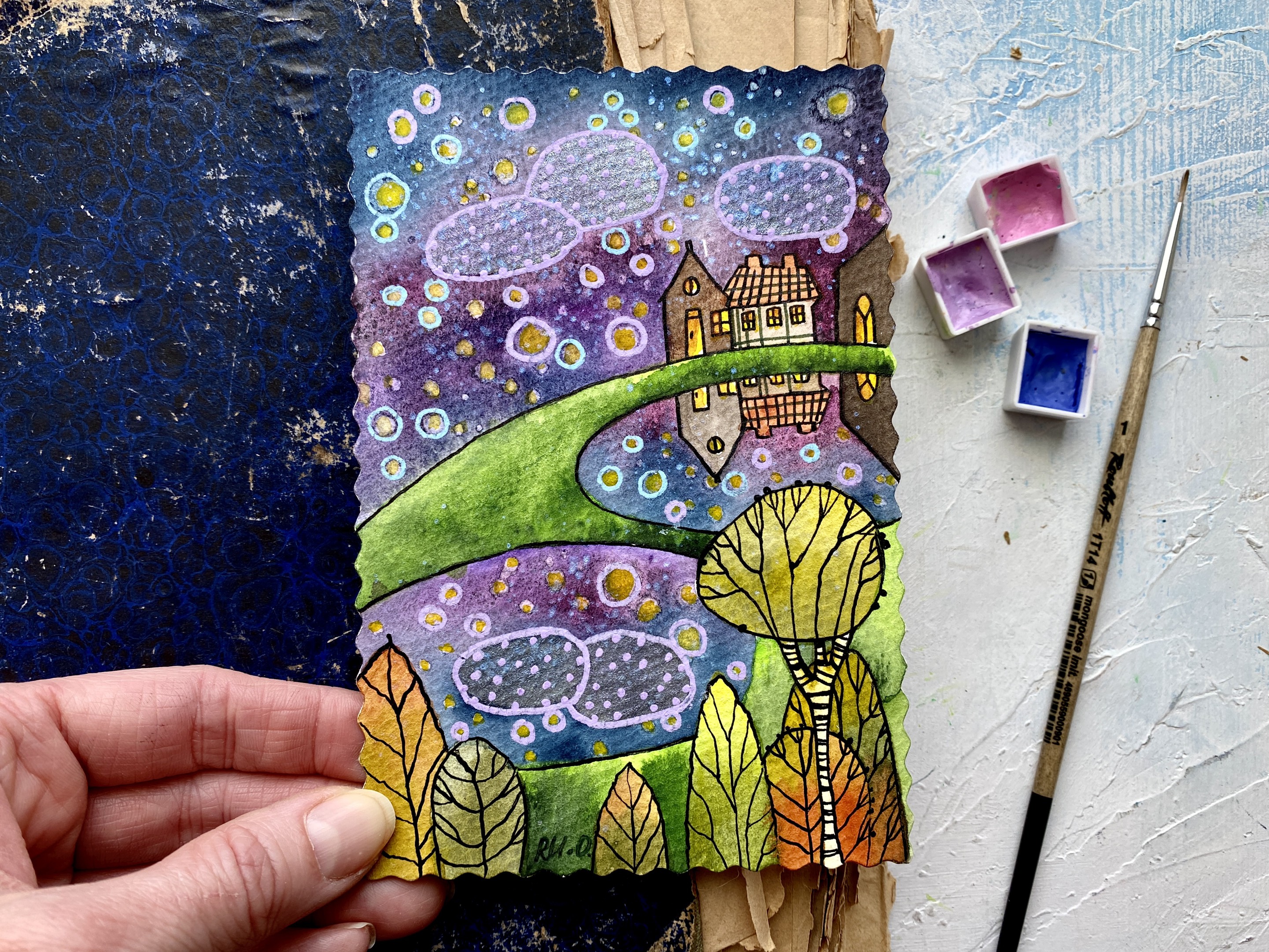 Mini Original Drawing Night landscape painting Mini Original art Small Watercolor - Inspire ...