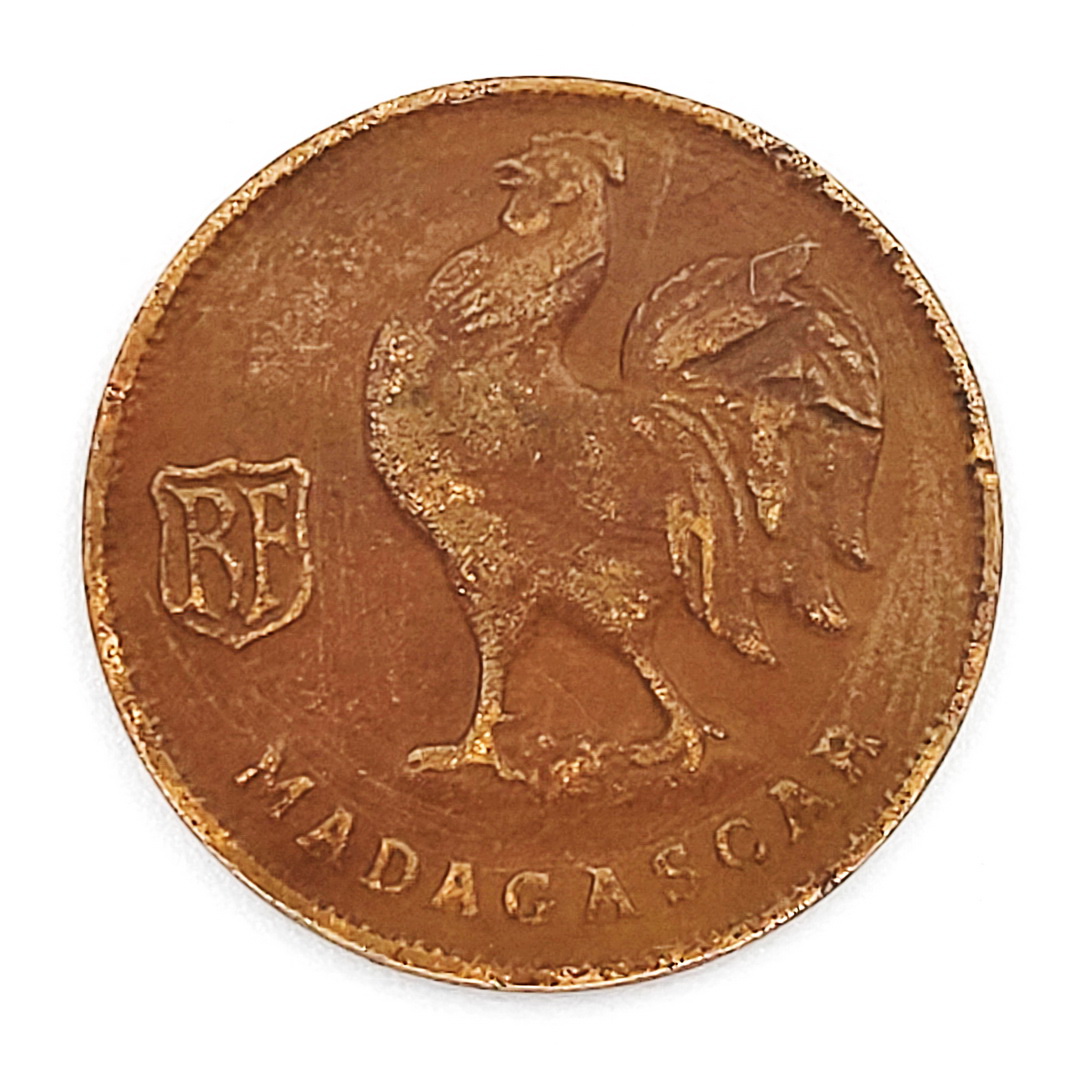 1943 Coin Madagascar 1 Franc Bronze Rooster Cross of Lorrain Inspire Uplift