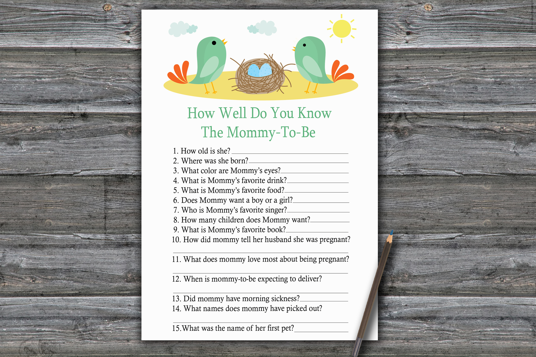 Birds How well do you know baby shower game card,Birds and n Inspire