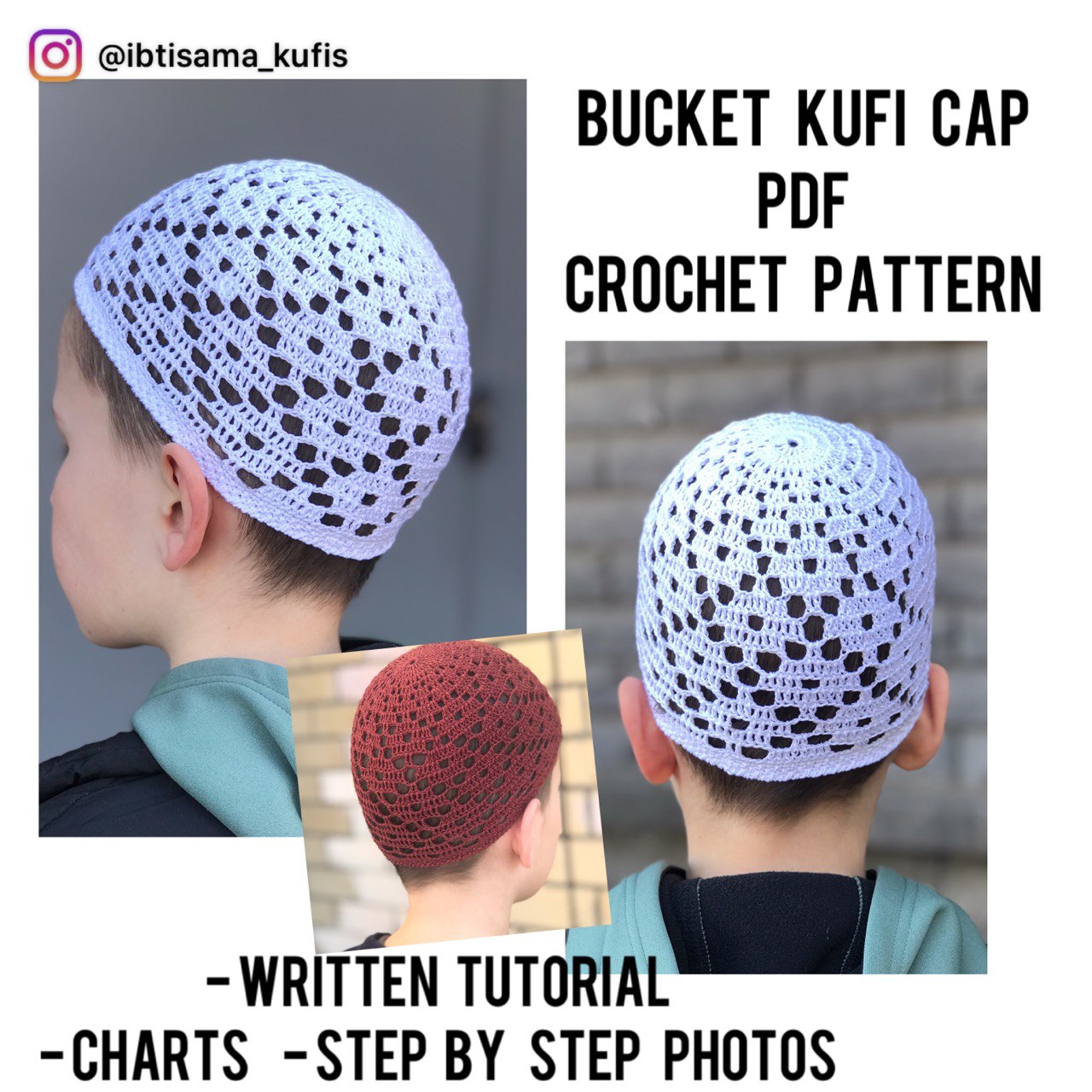 Unisex crocheted skull cap kufi PDF printable pattern Inspire Uplift