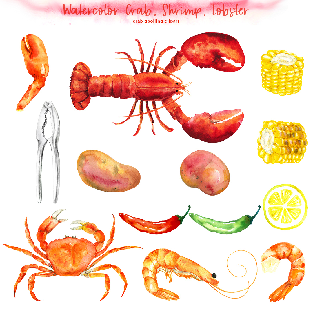 Watercolor Crab, Lobster, Shrimp Clipart - digital printable | Inspire Uplift