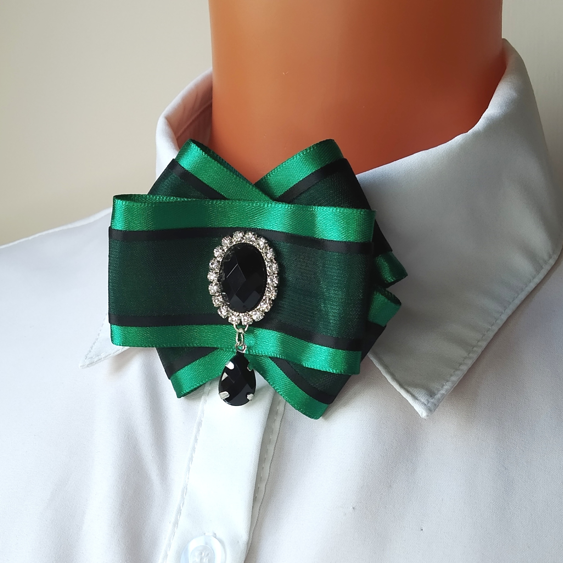 Emerald green collar bow brooch Large black crystal bow tie Inspire