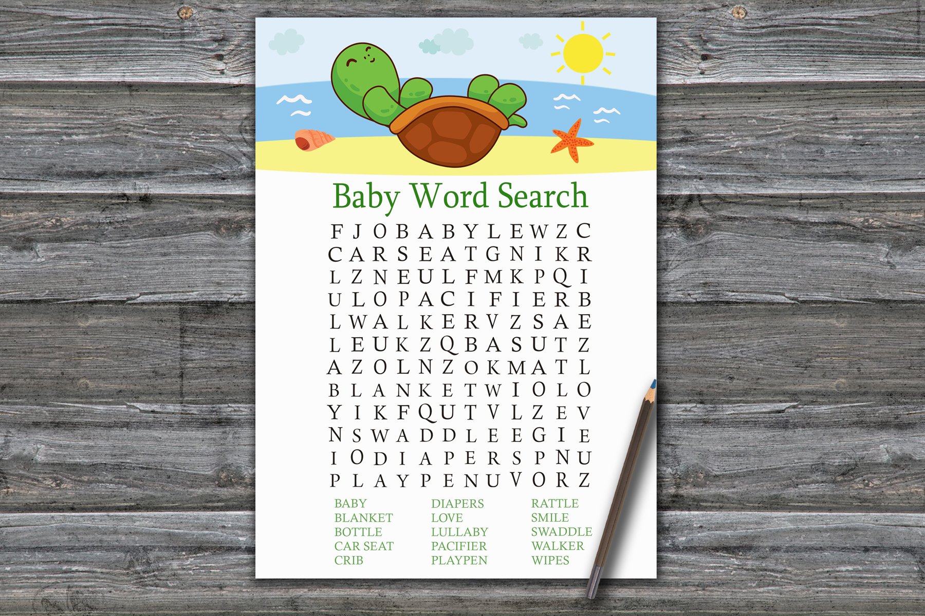 Sea Turtle Baby shower word search game card,Turtle Baby sho - Inspire ...