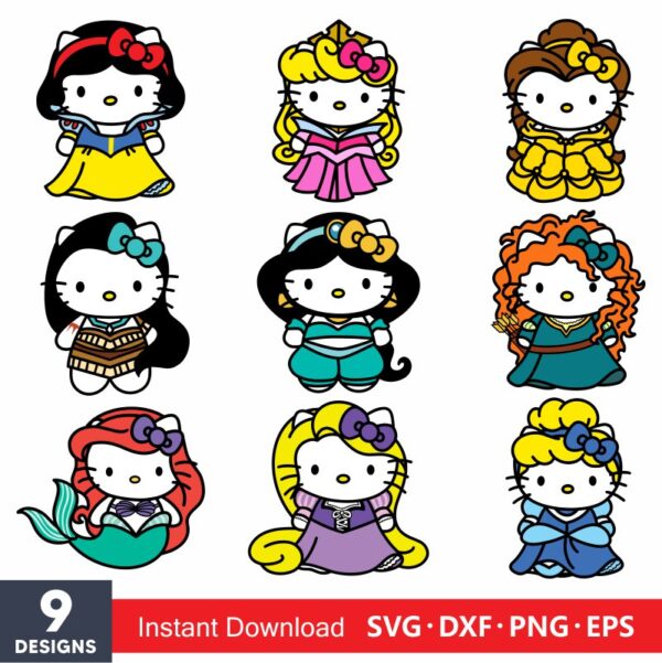Hello Kitty Disney Princess Bundle Svg, Hello Cat Princess S - Inspire