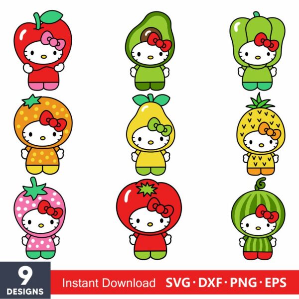 Hello Kitty Strawberry SVG, Hello Kitty Fruits SVG, Hello Kitty SVG Bundle,  Cartoon SVG, PNG, EPS, DXF, Cut Files For Cricut And Silhouette