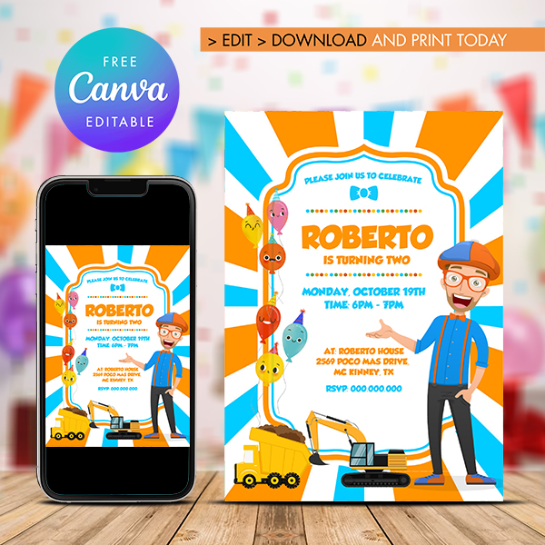 Editable Blippi Birthday Invitation Instant Download - Inspire Uplift