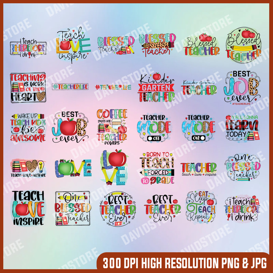 Colorful Teacher PNG Bundle, Teaching, Funny Teacher Designs | Inspire ...