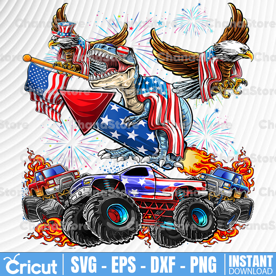 Patriotic Dinosaur Riding Monster Truck, Eagle Happy 4th Of Inspire