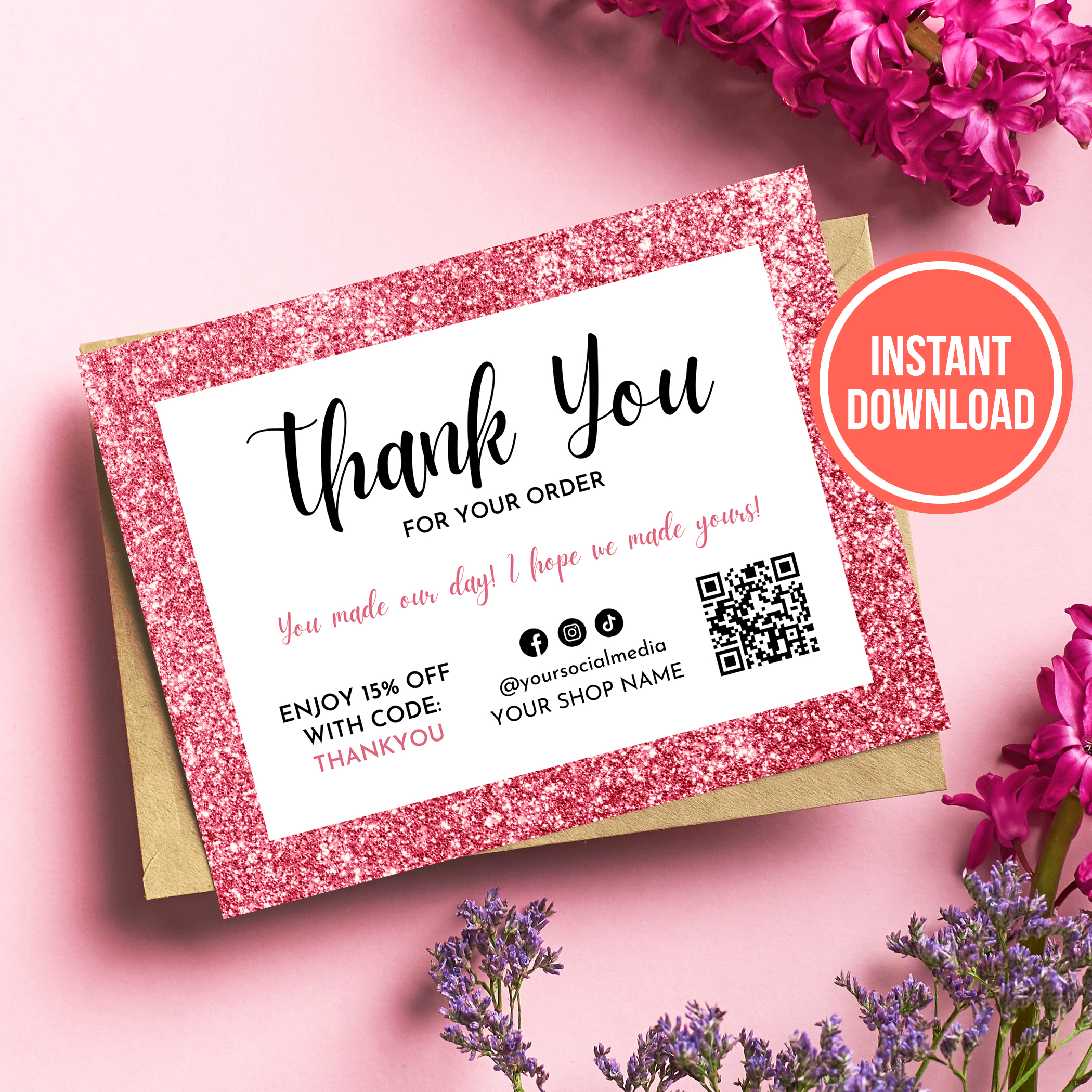 Glitter Pink Thank You for your order Card with QR Code, Edi | Inspire ...