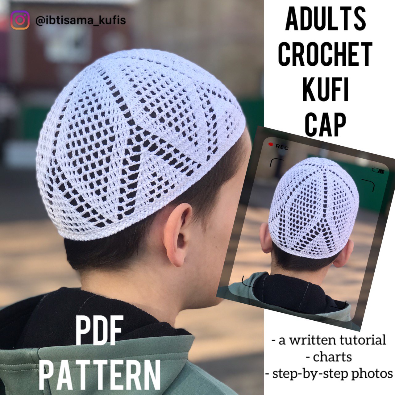 Crochet kufi hat men PDF digital pattern Inspire Uplift