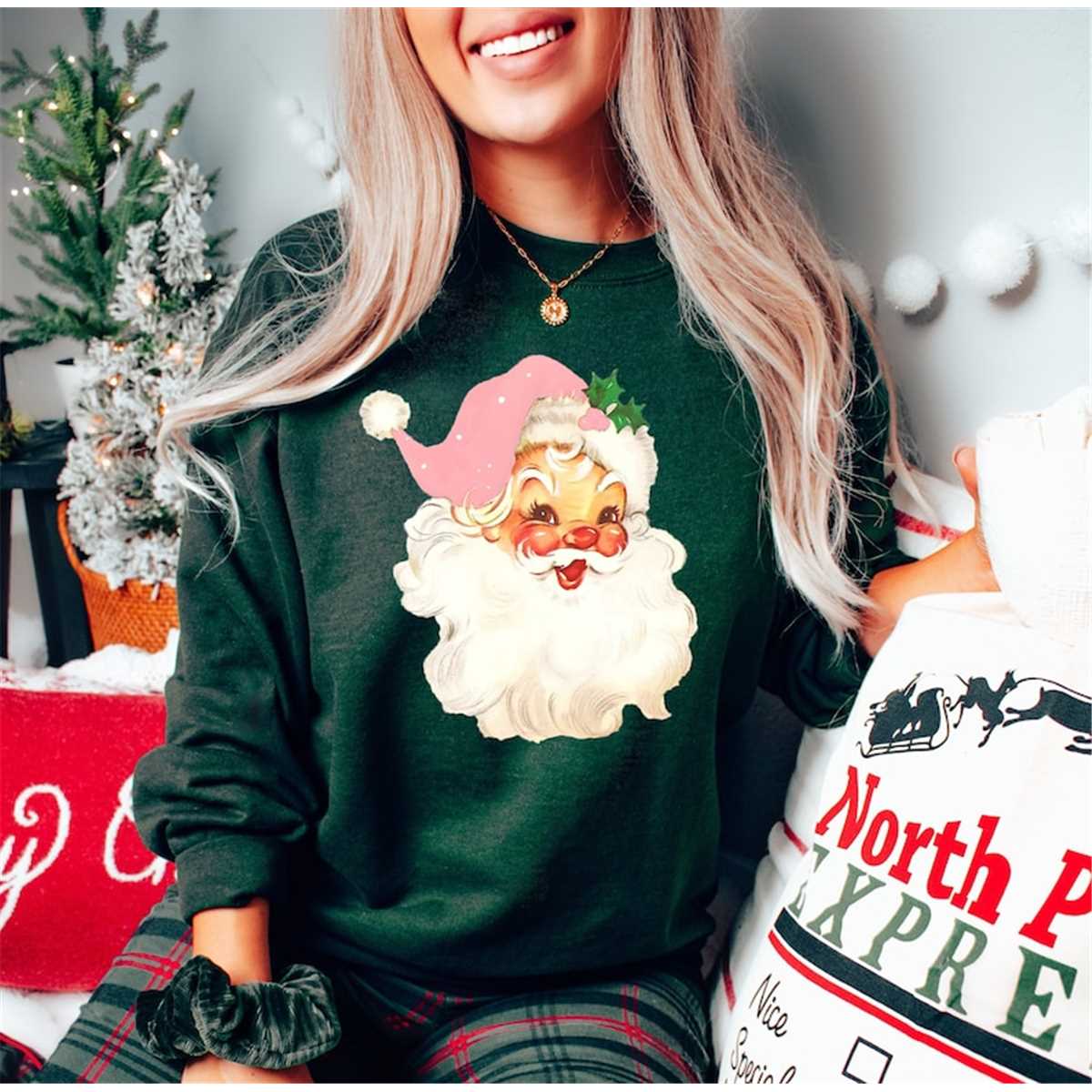 Pink Christmas Santa Sweatshirt,Retro Pink Santa Hat Sweater - Inspire  Uplift