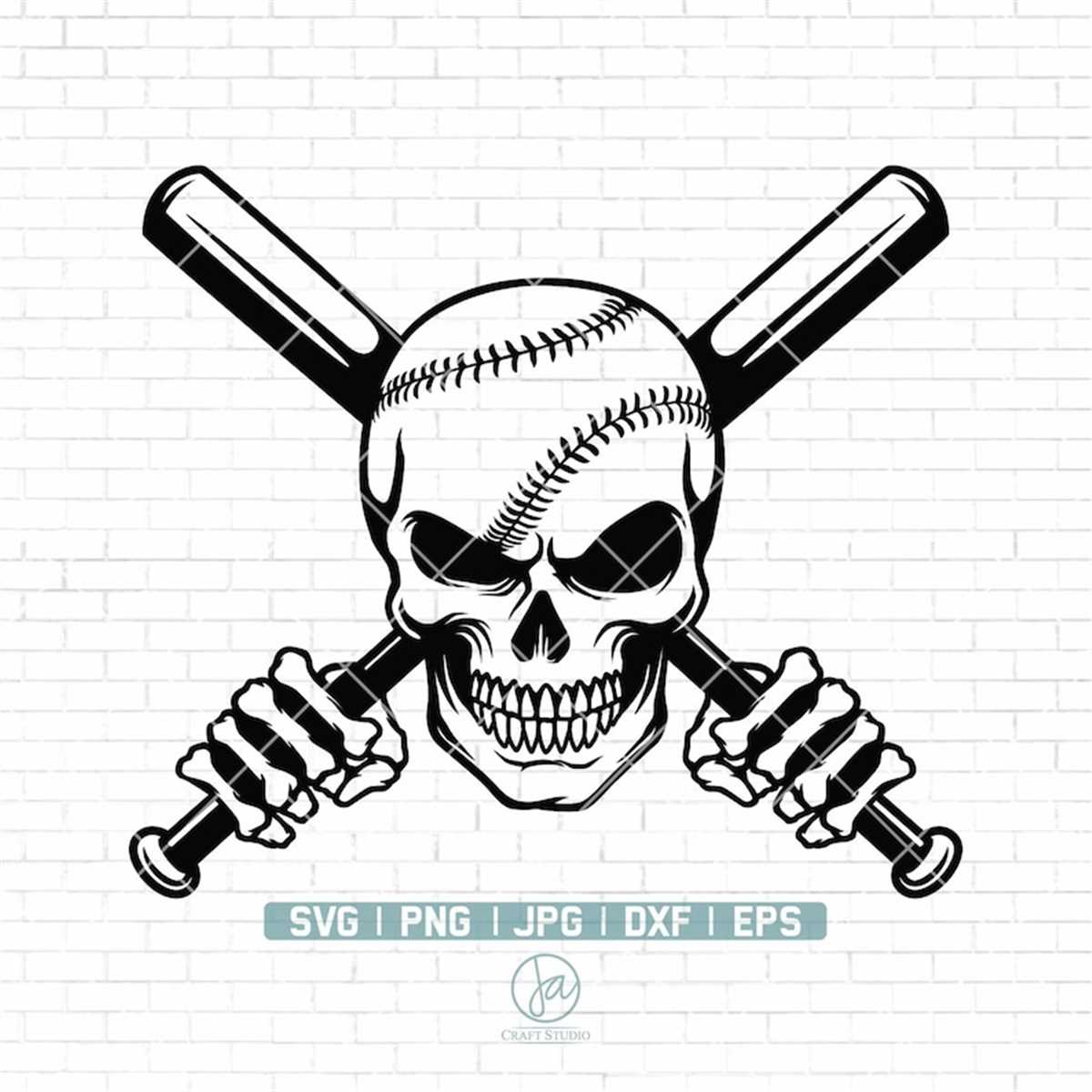 Baseball Skull with Crossed Bats Svg | Softball Skull Svg | - Inspire