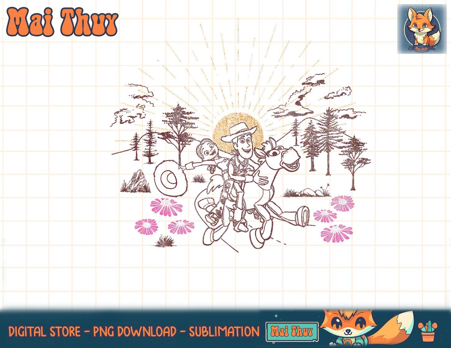 Disney Pixar Toy Story Woody Jessie Bullseye Line Art T-Shir - Inspire