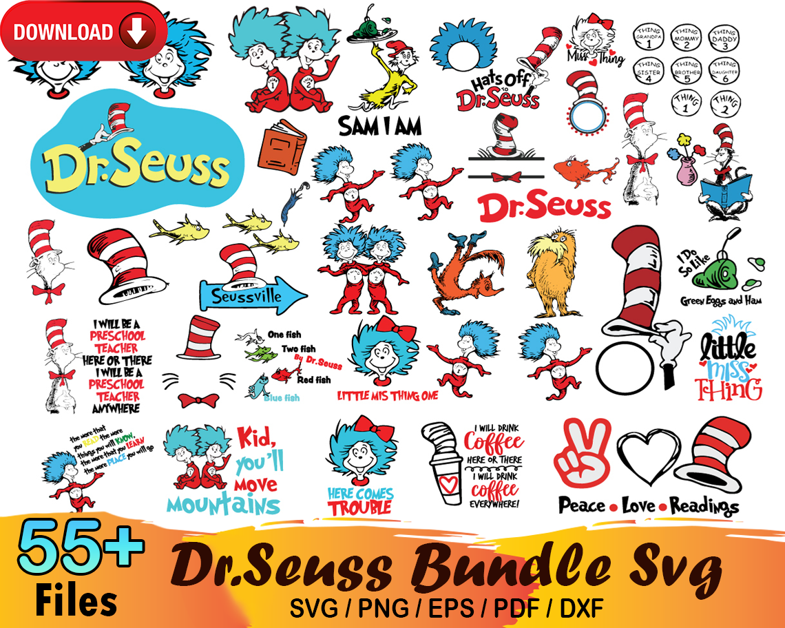 55 Dr Seuss Bundle Svg, Dr Seuss Svg, Cat In The Hat Svg | Inspire Uplift