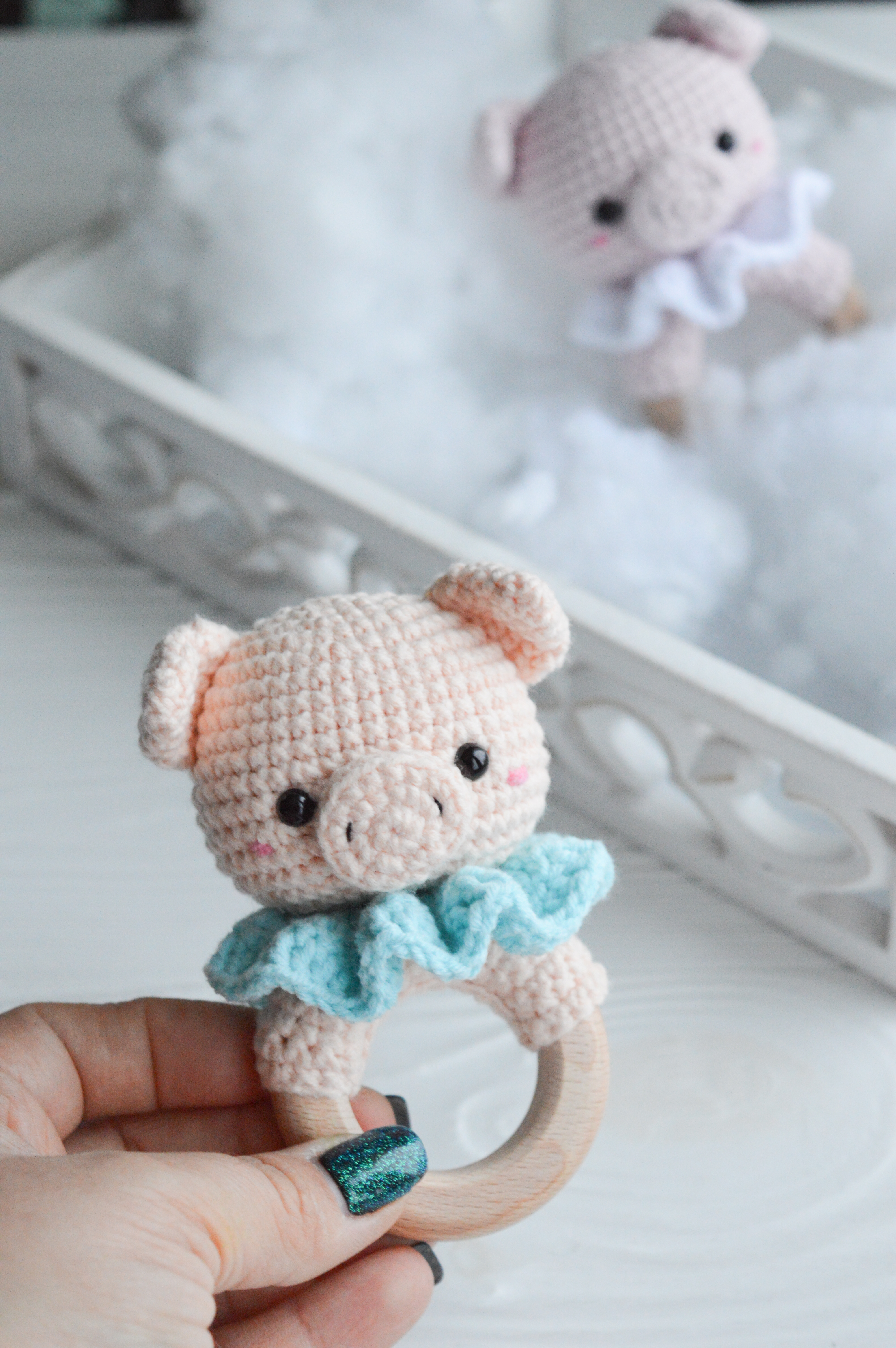 Pig baby rattle crocheted teether toy, amigurumi pink pig fo | Inspire ...