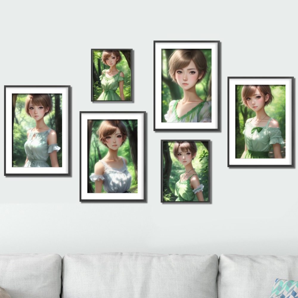 Digital art, set of 6 prints, anime girl, posters, living ro Inspire