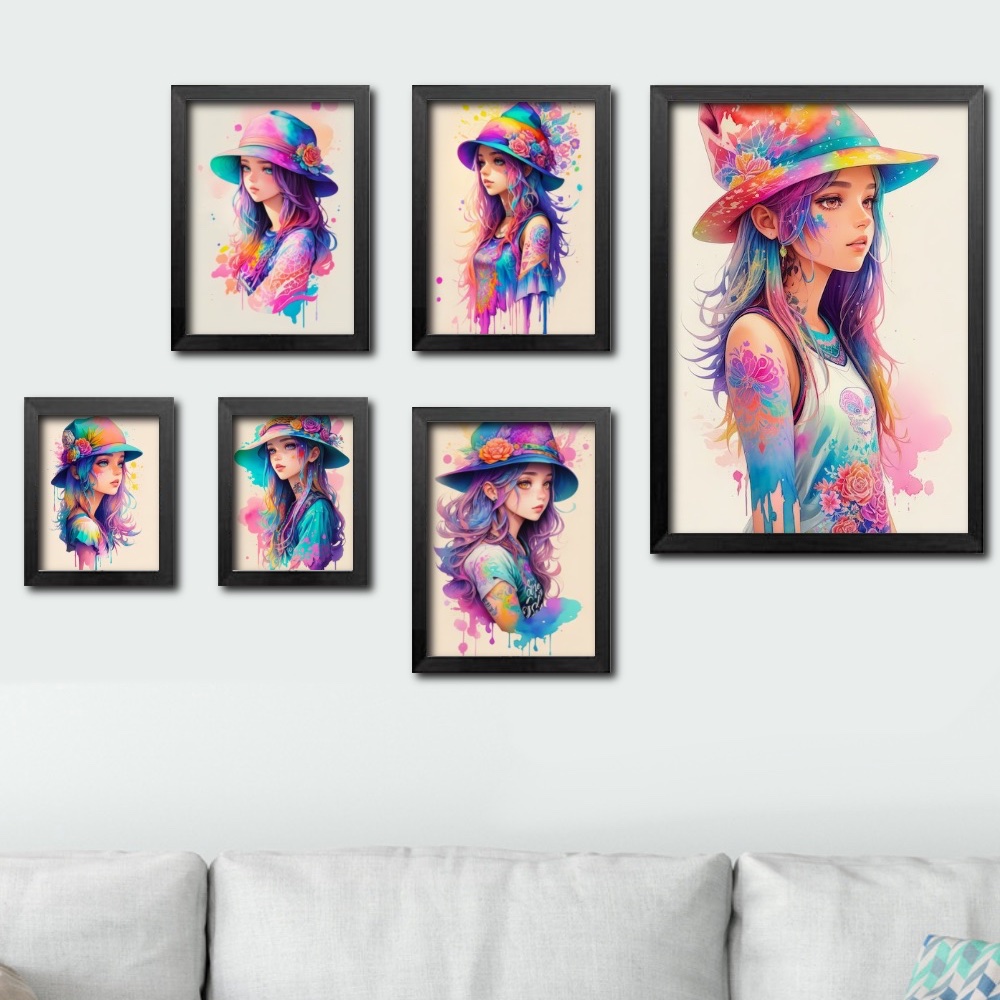 Digital art, set of 6 prints, anime girl, posters, living ro Inspire