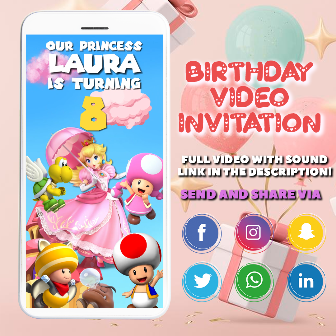 Princess Peach Mario invitation, Super Princess video invita