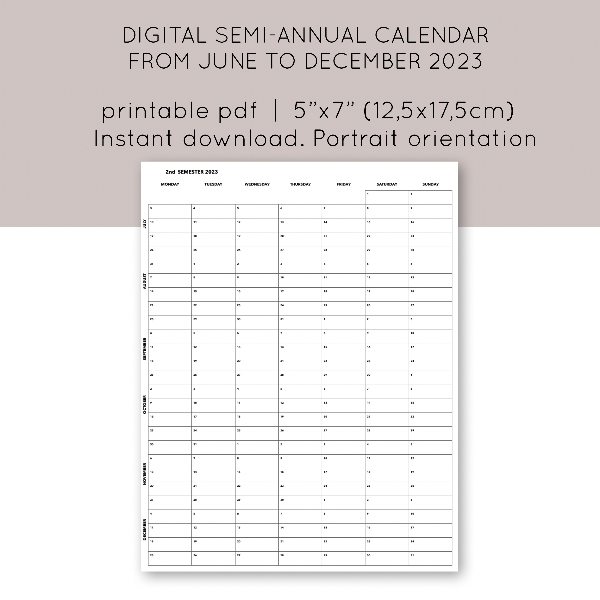 Wall hanging planner calendar from June to December 2023. Da Inspire