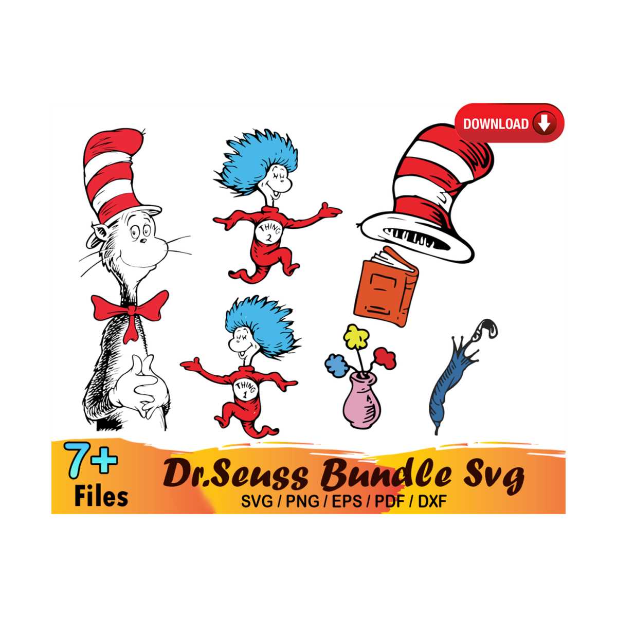 7 Dr Seuss Bundle Svg, Cat In The Hat Svg, Thing 1 Svg | Inspire Uplift