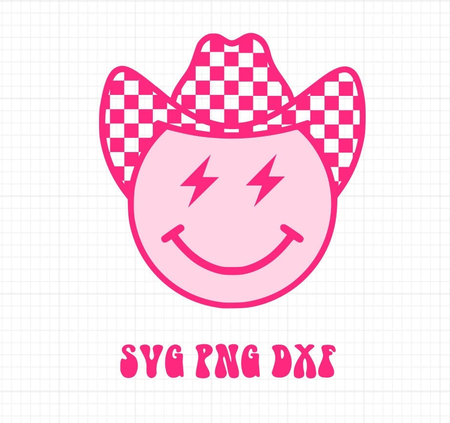 Checker Lightning Bolt Hat Smiley Face SVG PNG DXF Groovy Gr
