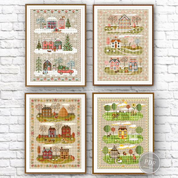 Cross Stitch Pattern Sampler 4 seasons pattern set Village E Inspire Uplift