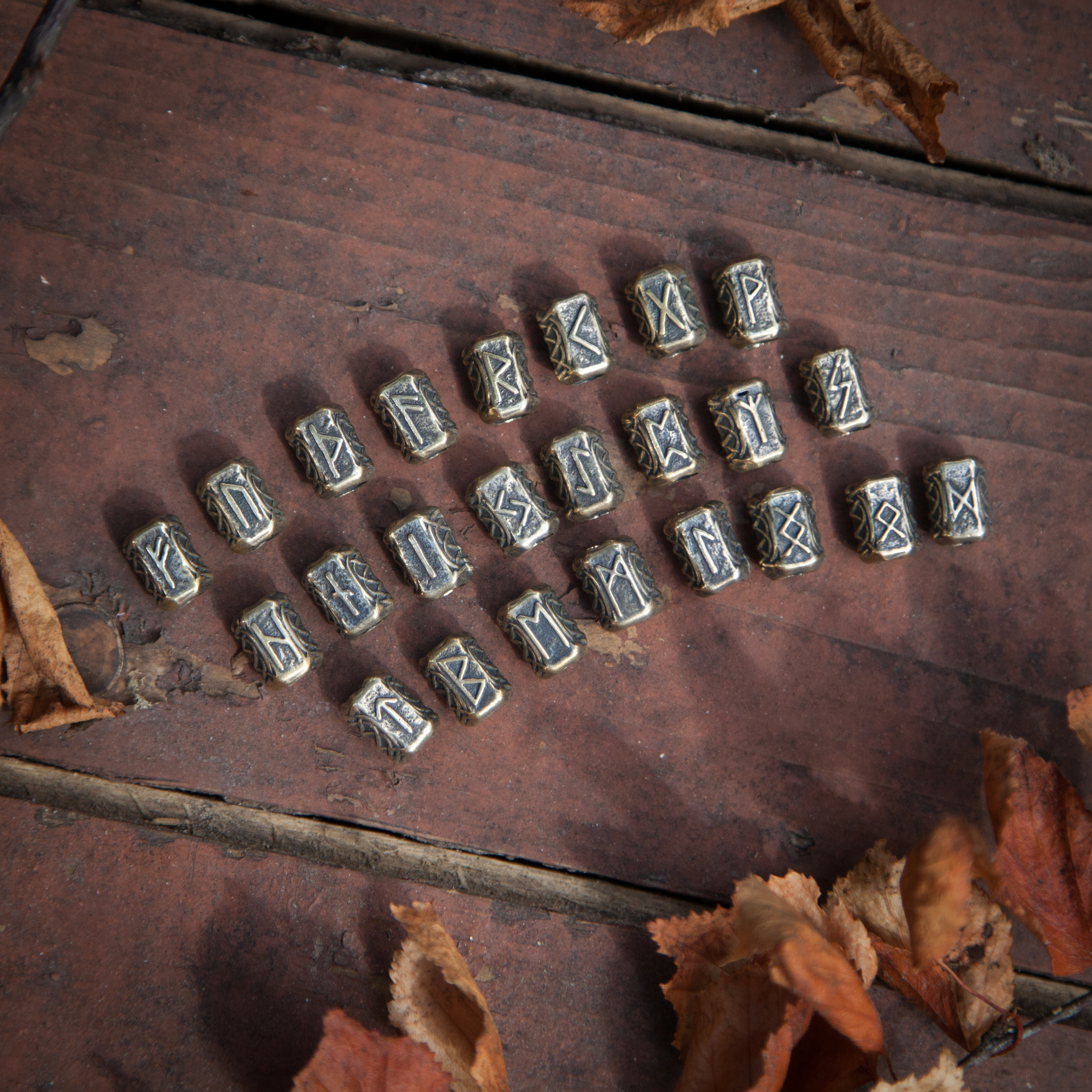 set of rune beads in brass. Scandinavian runes futhark. DIY - Inspire ...