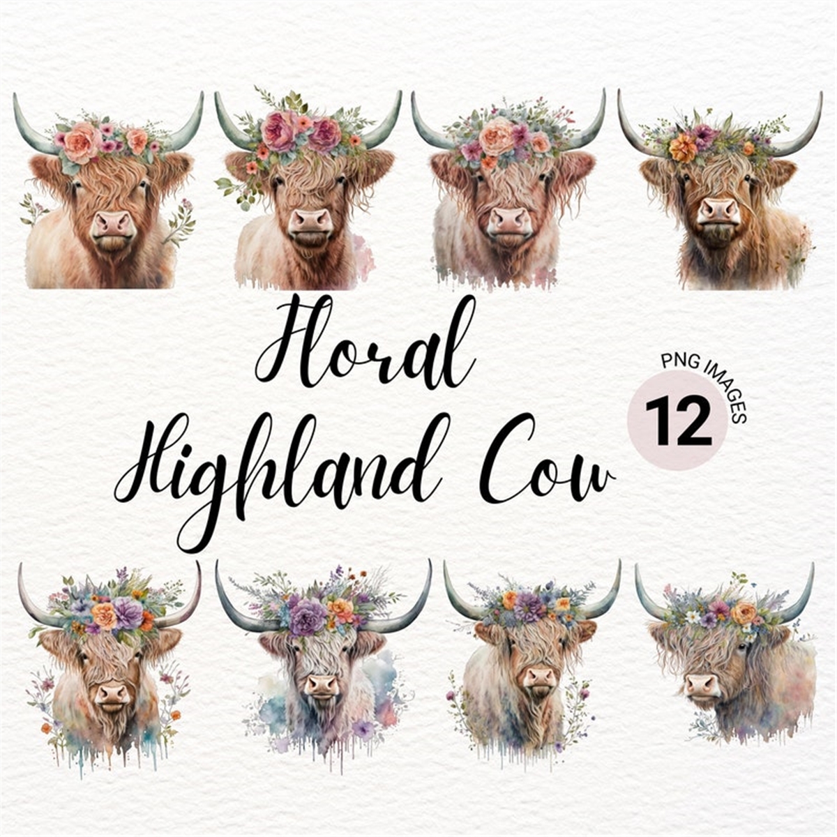 Floral Highland Cow PNG | Highland Cow Clipart | Watercolor | Inspire ...