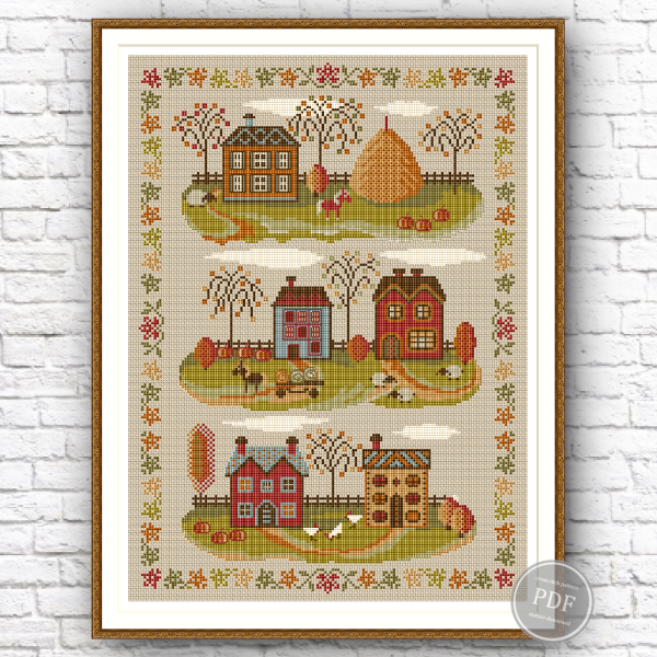 Sampler Autumn Village Cross Stitch Pattern Embroidery Digit | Inspire ...